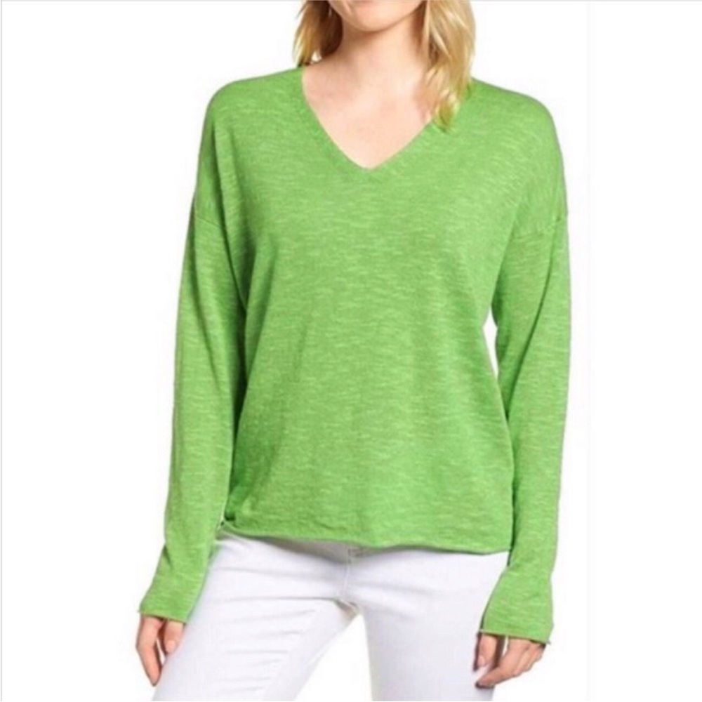 Eileen Fisher Vibrant Green Linen V-Neck Lightweight Sweater Small